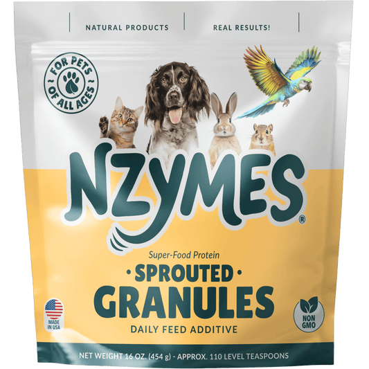 NZYMES sprouted granules packaging with images of animals and text on a white background