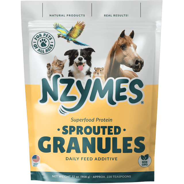 NZYMES sprouted granules packaging with animals on a white background