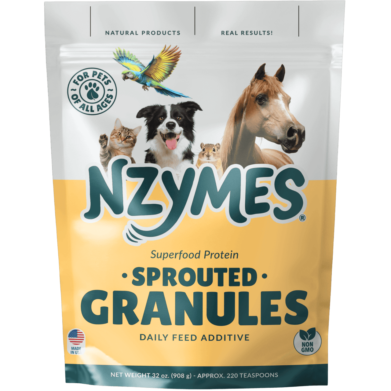 NZYMES sprouted granules packaging with animals on a white background