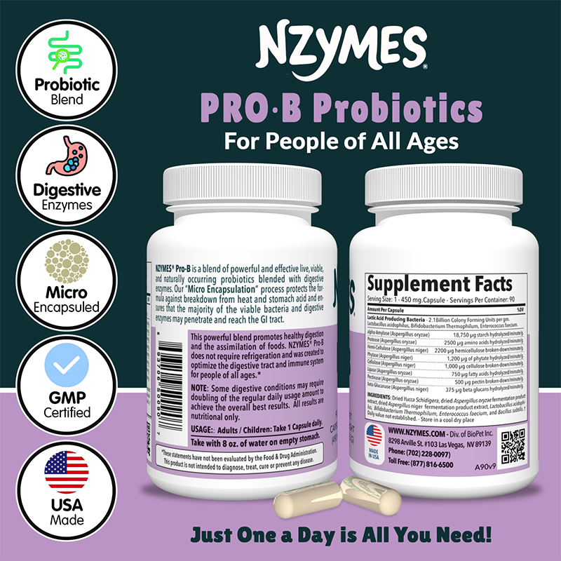 Nzymes® Pro-B – Probiotics & Digestive Enzymes for People – Gut Health, Immunity & Nutrient Absorption Supplement facts