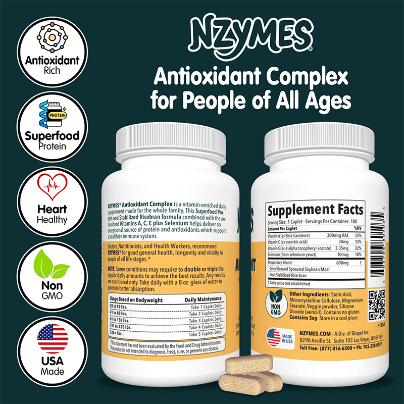 Two bottles of Nzymes® Antioxidant Complex – Live Nutrition Support for Cellular Health, Energy & Immune Protection with product details and benefits