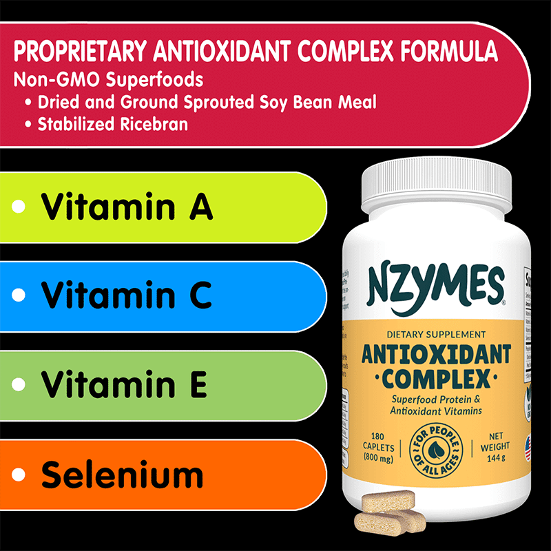NZYMES Antioxidant Complex dietary supplement bottle with vitamins listed