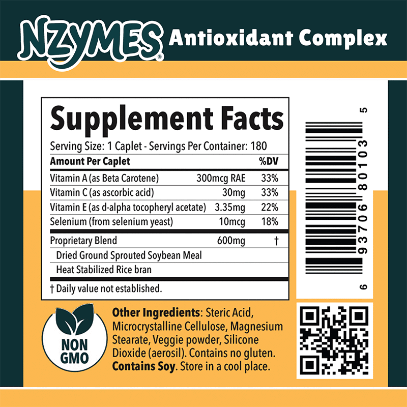 Nzymes Antioxidant Complex supplement label with ingredient list and barcode.