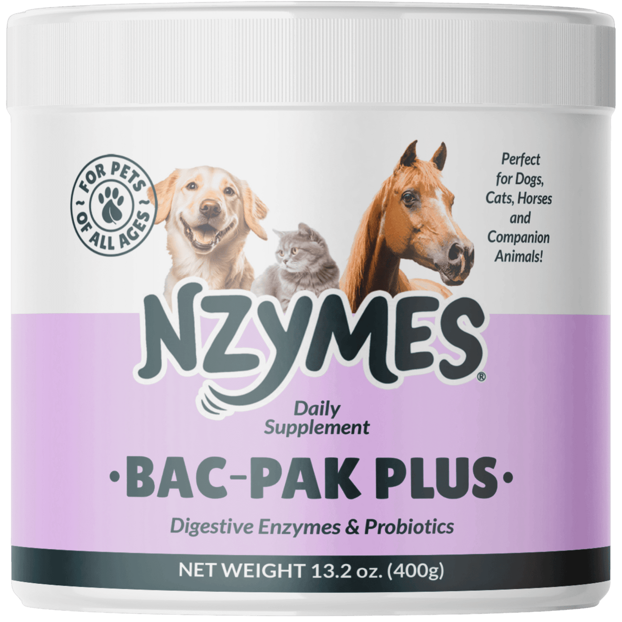 Nzymes® Bac-Pak Plus – Natural Digestive Enzymes and Probiotics for Healthy Digestion of dog, cat, and horse 