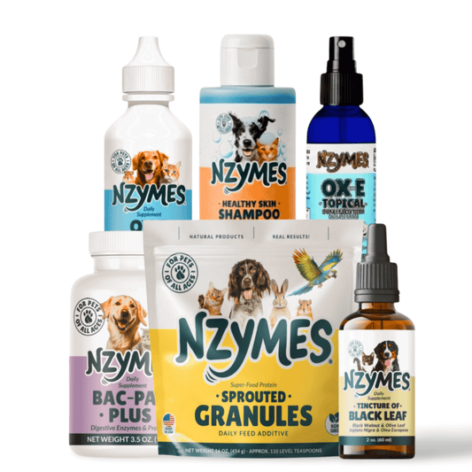 Nzymes® Skin Rescue Bundle – Sprouted Granules, Ox-E Drops, BlackLeaf, Bac-Pak, Topical Spray & Shampoo for Pets