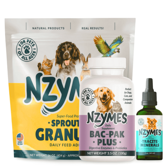 Nzymes® Wag More Bundle – Sprouted Granules, Bac-Pak Plus & Tracite Minerals for Pets Immune Support