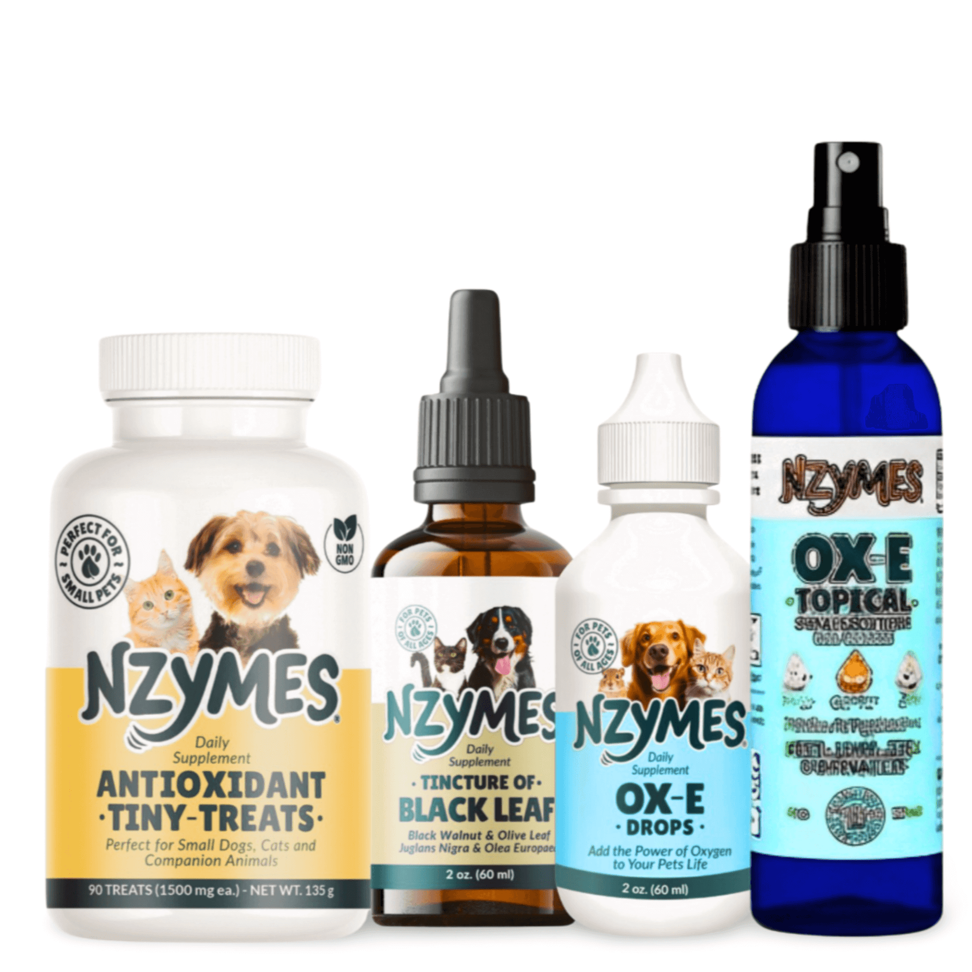 Collection of Nzymes pet supplement products for Wart Away Bundle – Antioxidant Treats, BlackLeaf Tincture, Ox-E Drops, Spray & Syringe
