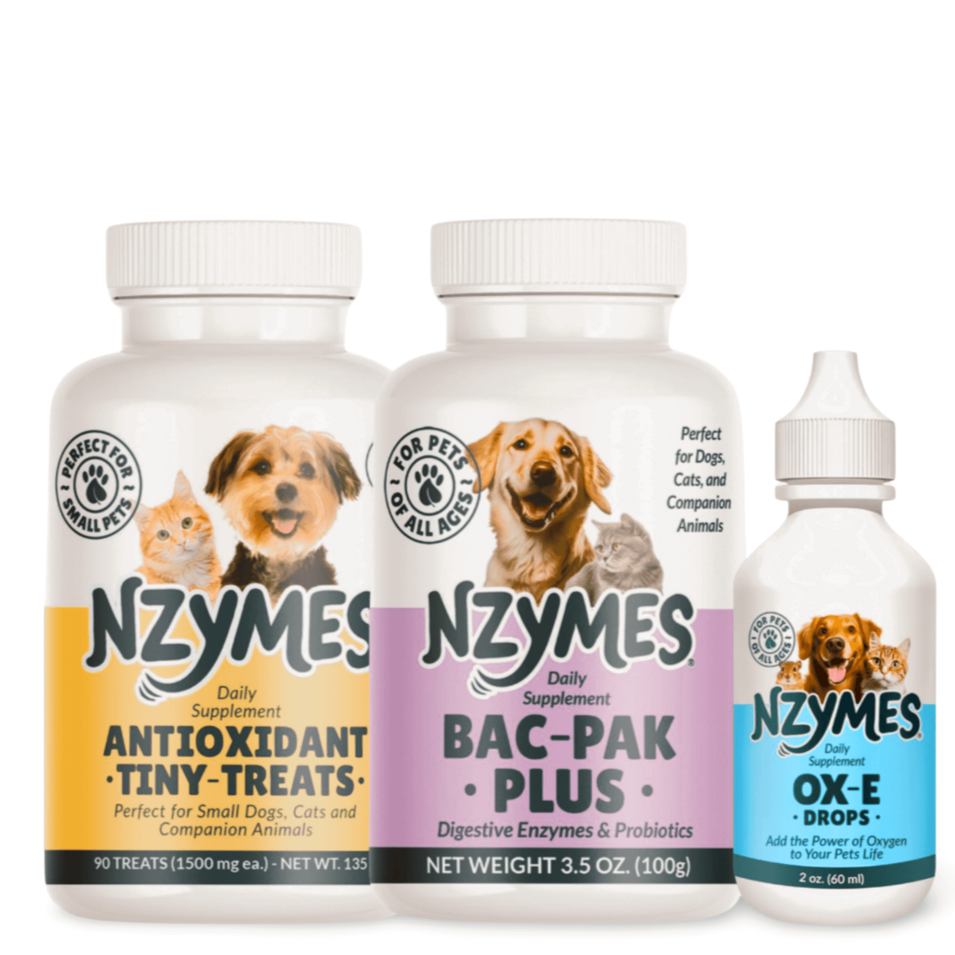 Nzymes® Worry Less Bundle – Antioxidant Treats, Bac-Pak Plus & Ox-E Drops for Digestion, Immune & Skin Support 