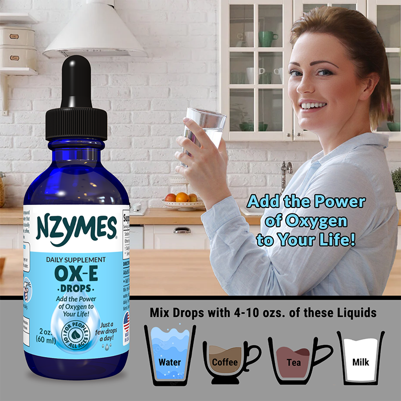Nzymes Ox-E Drops supplement bottle with a woman holding a glass of water in a kitchen setting.