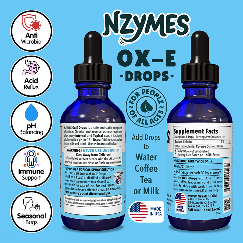 Two bottles of NZYMES OX-E Drops on a blue background with product details and benefits.