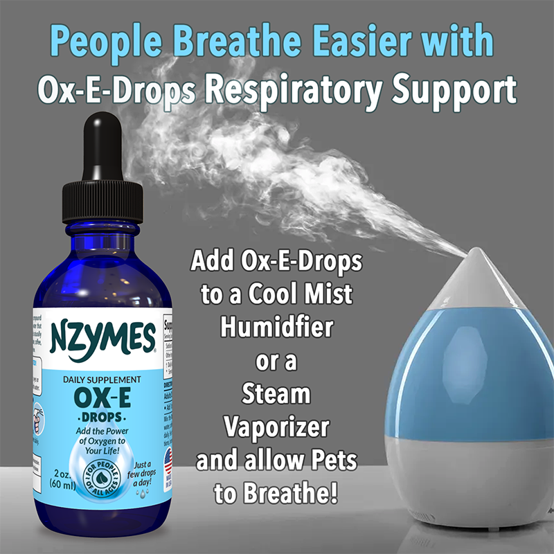 Ox-E-Drops respiratory support product with NZYMES branding and humidifier